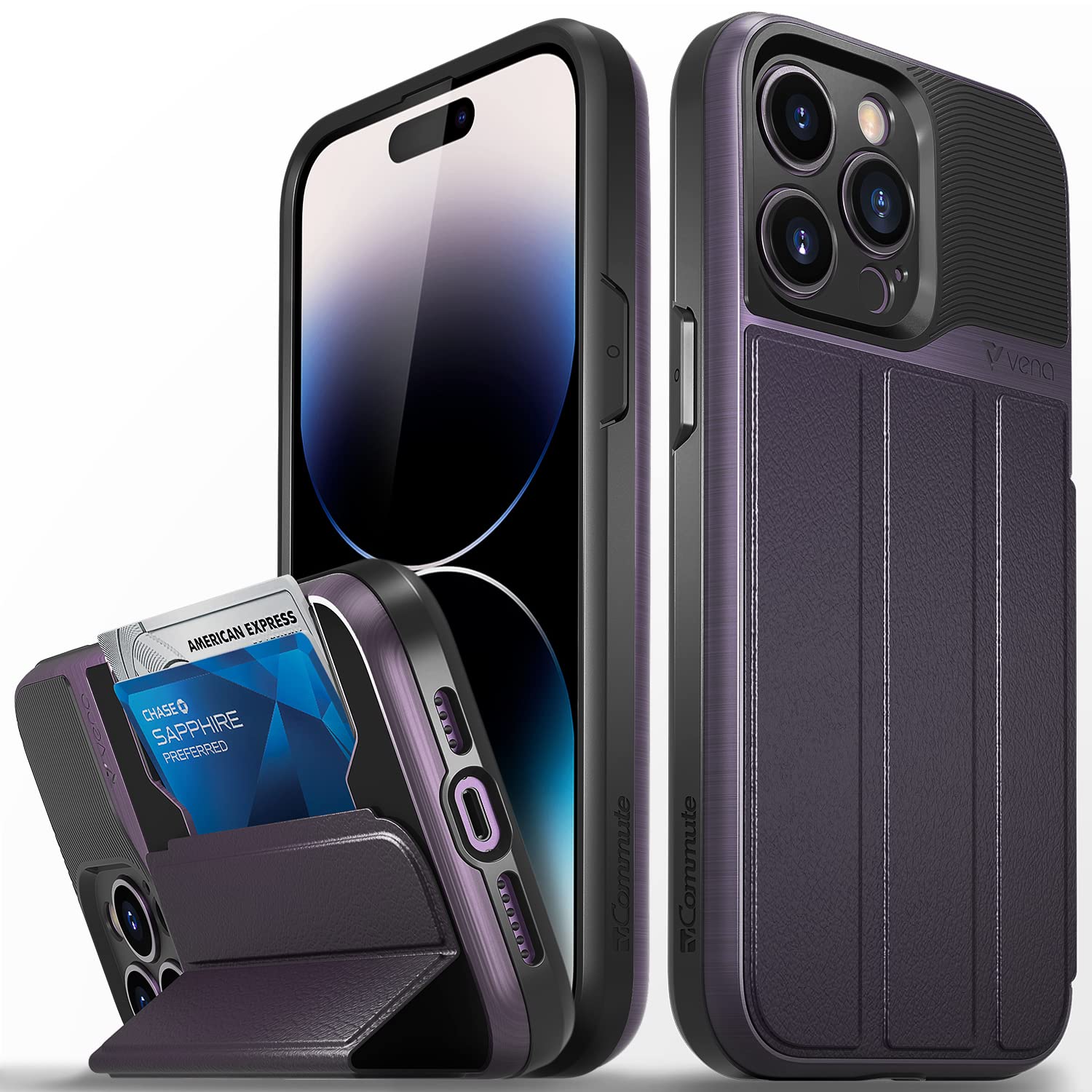 VENA vCommute Wallet Case Compatible with Apple iPhone 14 Pro Max (6.7"-inch), (Military Grade Drop Protection) Flip Leather Cover Card Slot Holder with Kickstand (Purple/Black) — image 1