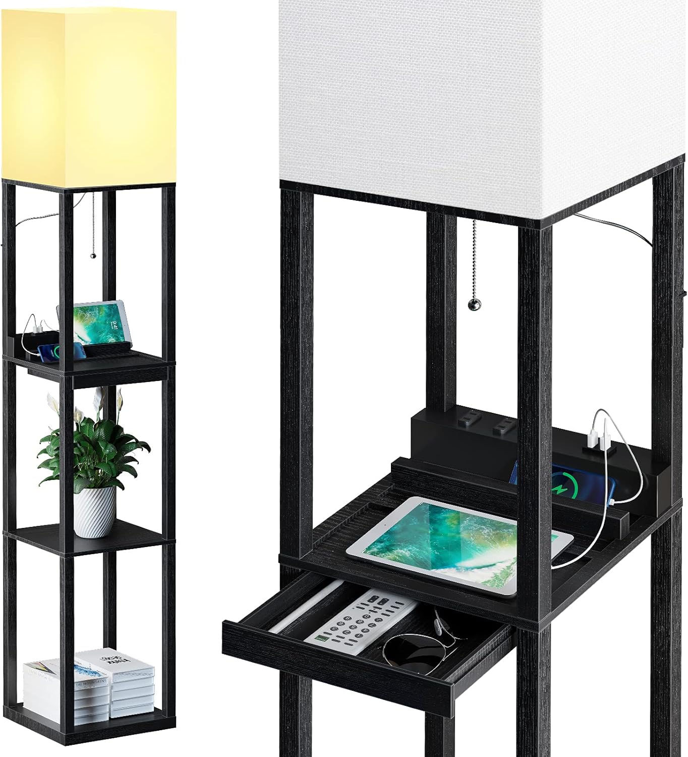 SUNMORY Floor Lamp with Shelves, Modern Dimmable Solid Wood Standing Lamp Both with 1 Drawer and 2 USB Ports & 1 Power Outlet, Corner Tall Bookshelf Lamp for Living Room and Bedroom(Black) - - 