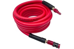 SYXQT Hybrid Air Hose 3/8-Inch x 50FT，300 PSI Heavy Duty Air Compressor Hose, Lightweight, Kink Resistant, All-Weather Flexibility with 1/4-Inch Swivel Solid Aluminum Quick Coupler and Plug,Red