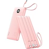 VRURC Portable Charger Power Bank, 10000mAh Travel Essentials Battery Pack, Compact Charging Bank Built-in Cables Cords Compatible with iPhone 17 Pro 17 16 15 14 13, Samsung Phones-Pink(1 Pack)