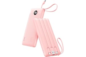 VRURC Portable Charger Power Bank, 10000mAh Travel Essentials Battery Pack, 5 Outputs 2 Inputs Slim Charging Bank Built-in Cables Cords Wires Compatible with iPhone,Samsung,Android-Pink(1 Pack)