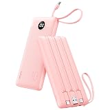 VRURC Portable Charger Power Bank, 10000mAh Travel Essentials Battery Pack, Compact Charging Bank Built-in Cables Cords Compatible with iPhone 17 Pro 17 16 15 14 13, Samsung Phones-Pink(1 Pack)