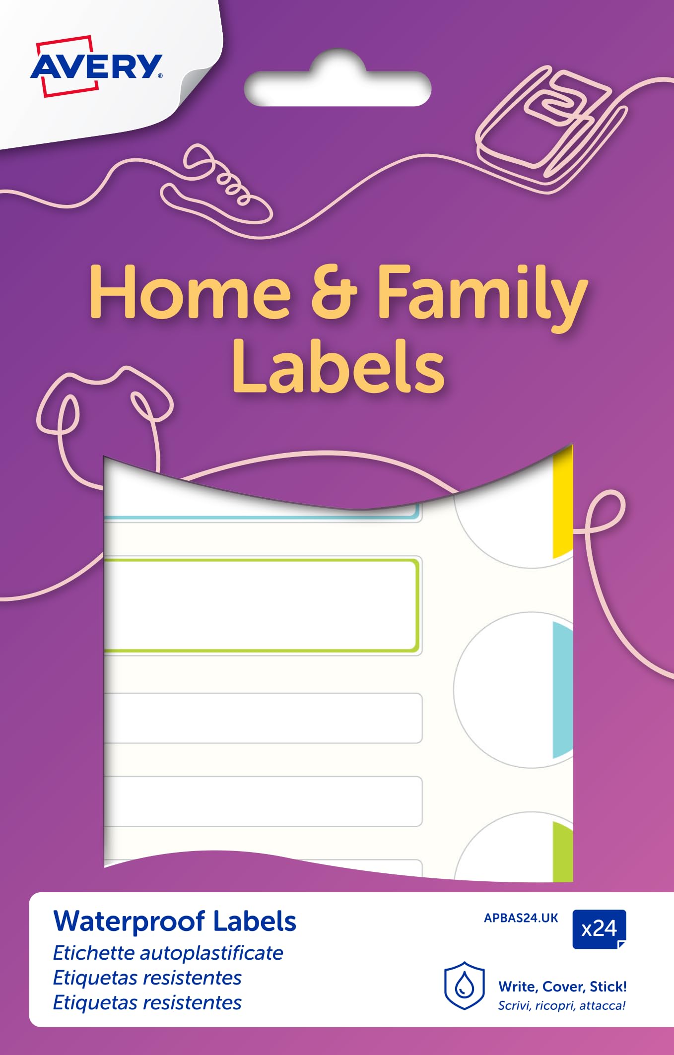 Avery Waterproof Name Labels – 24 Self-Laminating Stickers (86x17mm) – Pastel Colours – Dishwasher & Microwave Safe – School, Nursery, Bottles, Lunchboxes (APBAS24.UK)