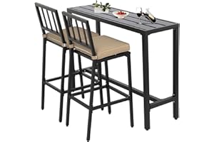 GS CHIER Outdoor Patio Bar Set, Bar Height Patio Dining Set, Weather-Resistant Bistro Counter Pub Set with Cushions & Slatted Tabletop for Backyard (Black, 47" Table, 2 Vertical Back stools)