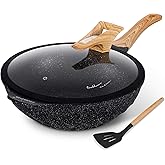 COOKLOVER Nonstick Woks And Stir Fry Pans Die-cast Aluminum Scratch Resistant 100% PFOA Free Induction Wok pan with Lid 12.6 Inch - Black