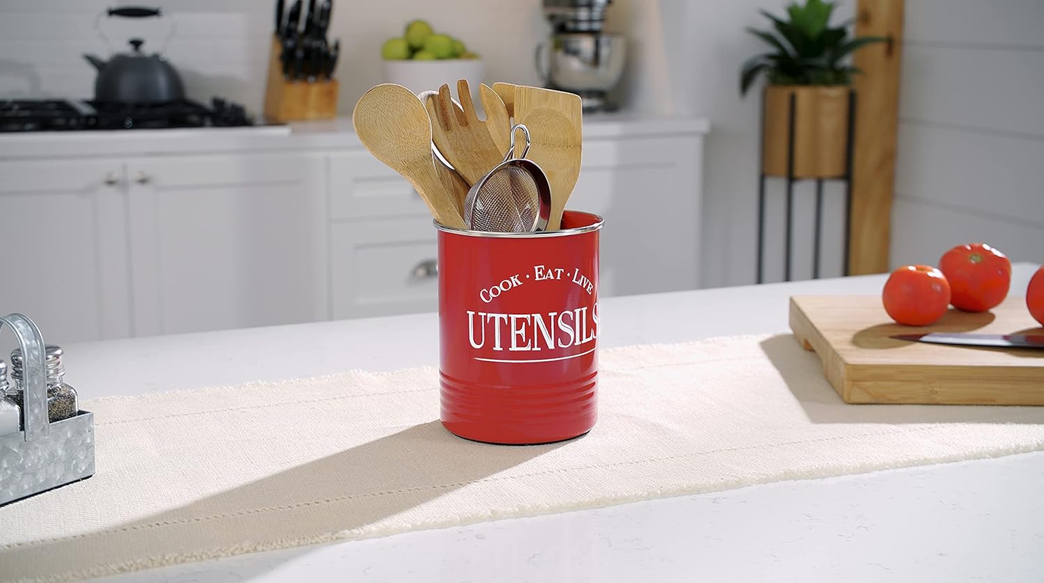 Walford Home Original Kitchen Utensil Holder Crock, Red With Premium Padded Base - Vintage Farmhouse Home Kitchen Decor - Large Kitchen Tool Utensil Storage Caddy Organizer: Kitchen & Dining