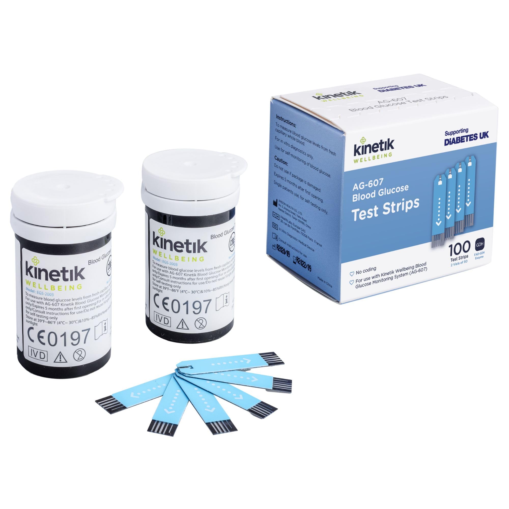 Kinetik Wellbeing Blood Glucose Test Strips, Pack of 100 - Compatible with Kinetik Monitor AG-607 - Home Diabetic Glucose Strips Used by the NHS - For Blood Sugar Level Monitors & Diabetes Management