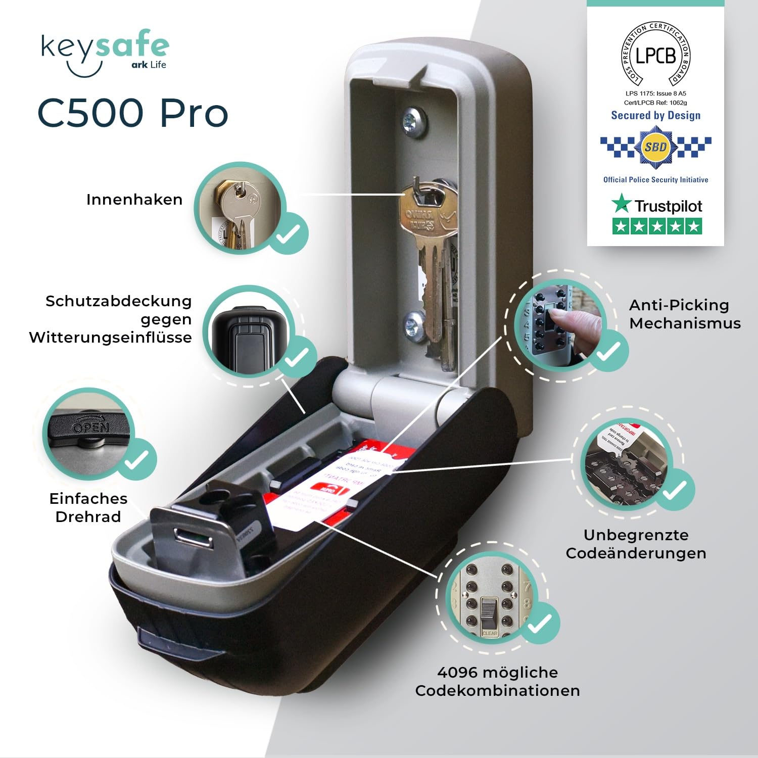 Schlüsseltresor SUPRA C500 | Polizei Bevorzugt Schlüsseltresor mit Zahlencode - Schlüsselsafe Außen - Schlüsselbox mit Code - Wandmontage für Schlüssel, Karten & Anhänger 5