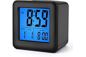 Plumeet Digital Alarm Clock Kids Alarm Clock with Snooze and Nightlight - Easy Setting Silicone Clock Display Time, Date - Loud Alarm Clock for Bedroom - Battery Powered (Black)