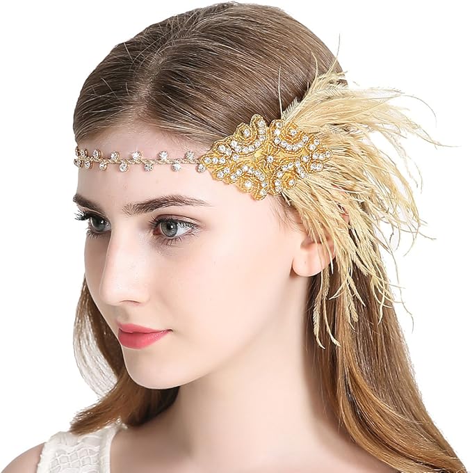 Jaoswish Vintage Gold Flapper Headband 1920s Art Deco Sparkling
