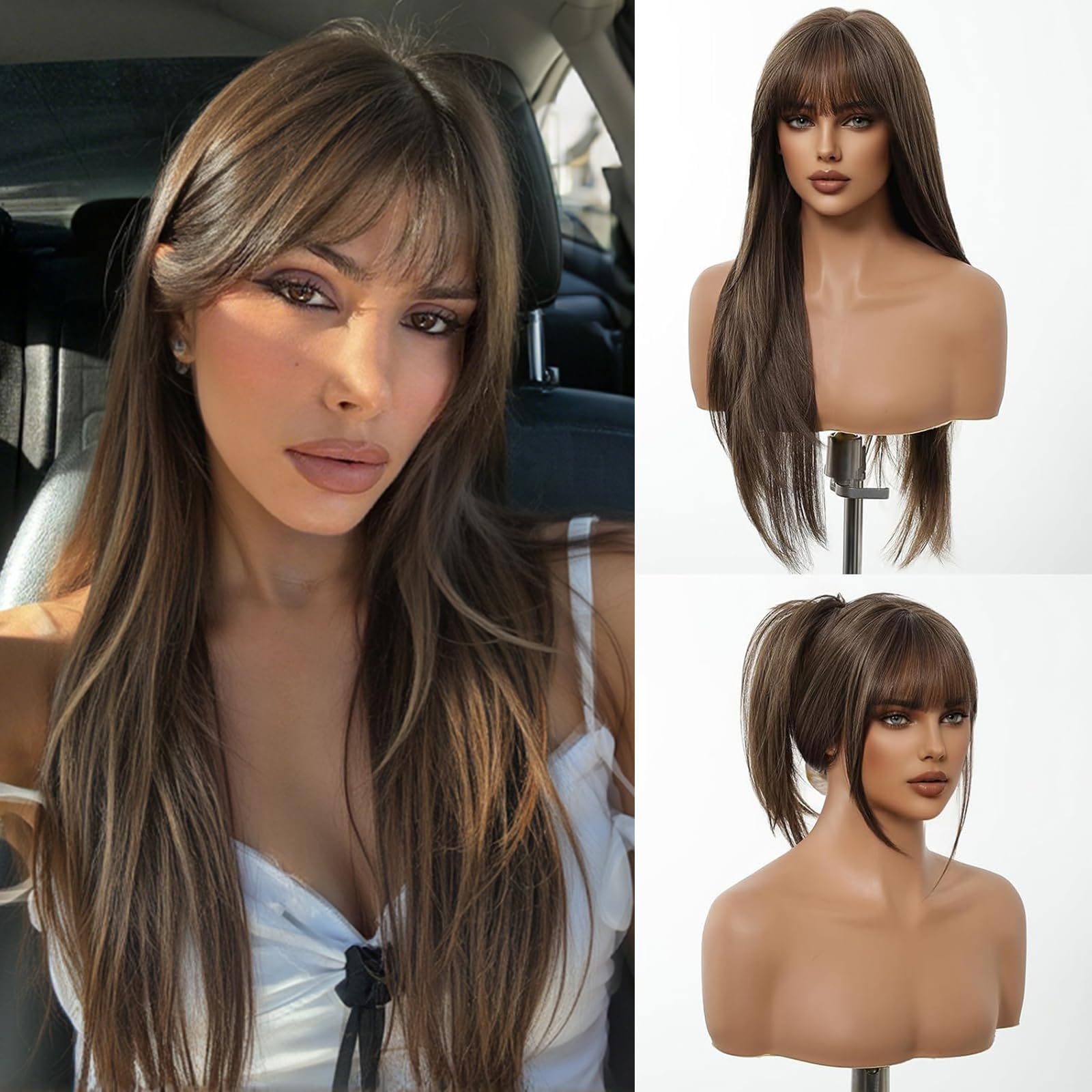 Photo 1 of testar Long Straight Brown Wigs With Bangs Long Dark Brown Mixed Blonde Synthetic Wigs for White Women Daily Use 26IN Glueless Wig