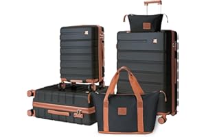 QIMER Luggage Sets 5 Piece Polycarbonate Hard Shell Suitcases Airline Approved, Lightweight Luggage with Spinner Sheels TSA Lock, YKK Zippers, Suitable for Family Travel Black(20/24/28/DB/TB)