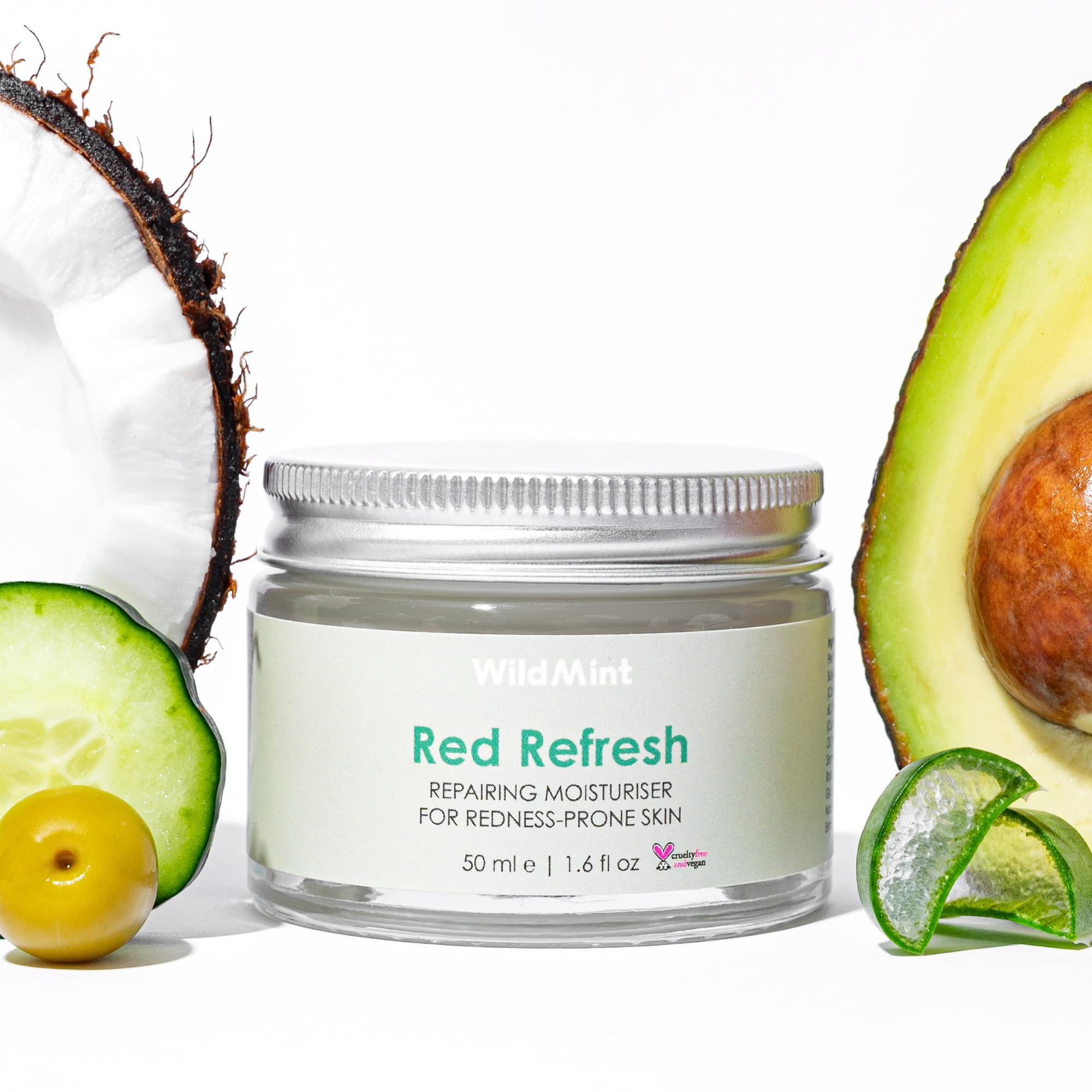 WildMint Red Refresh Natural Moisturiser | Hydrating Face Cream for Redness Prone, Sensitive, Dry, Mature Skin | Repairs & Calms Redness with Macademia | UK Made Vegan & Cruelty-Free Skincare | 50ml
