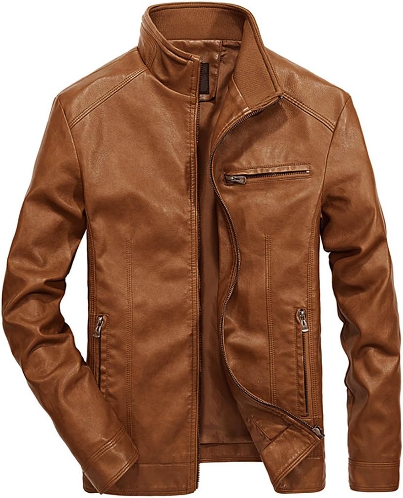 Nantersan Men's Leather Jacket Stand Collar PU Mens Faux Fur Coats Motorcycle Jacket