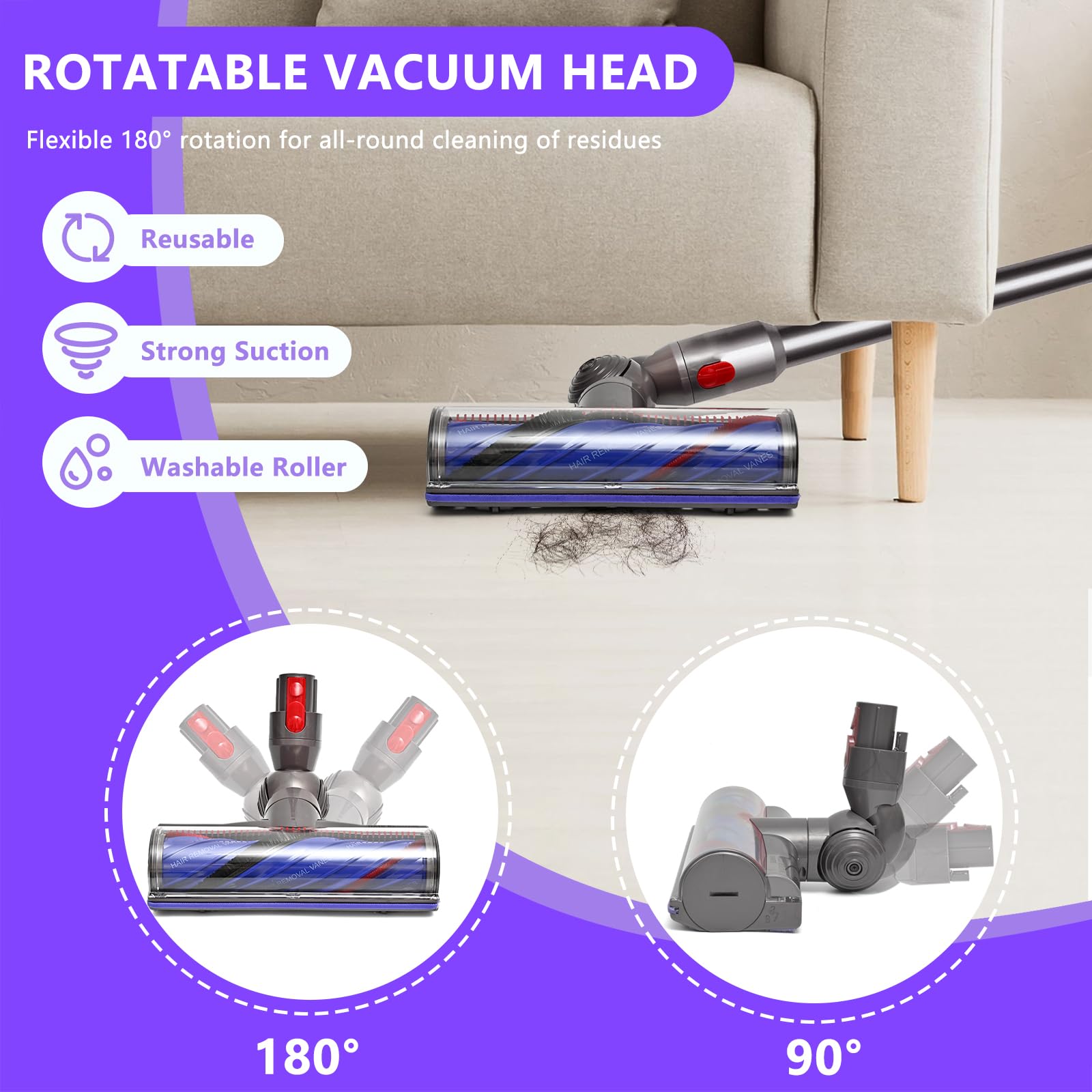 Upgrade Anti-Tangle Replacement Vacuum Head for Dyson V7, V8, Cyclone V10, V11, V15 Cordless Vacuum Cleaners, Quick Release Motor-Head Brush Roller for Dyson Vacuum Attachments Parts