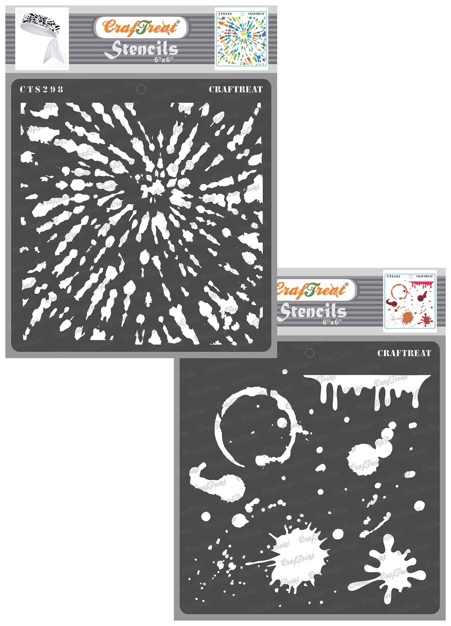 CrafTreat Reusable Tie Dye Stencils for Painting on Wood, Canvas, Paper, Fabric, Floor, Wall and Tile - Tie and Dye and Stains and Splatters - 2 Pcs - 6x6 Inch Each - DIY Art and Craft Stencils