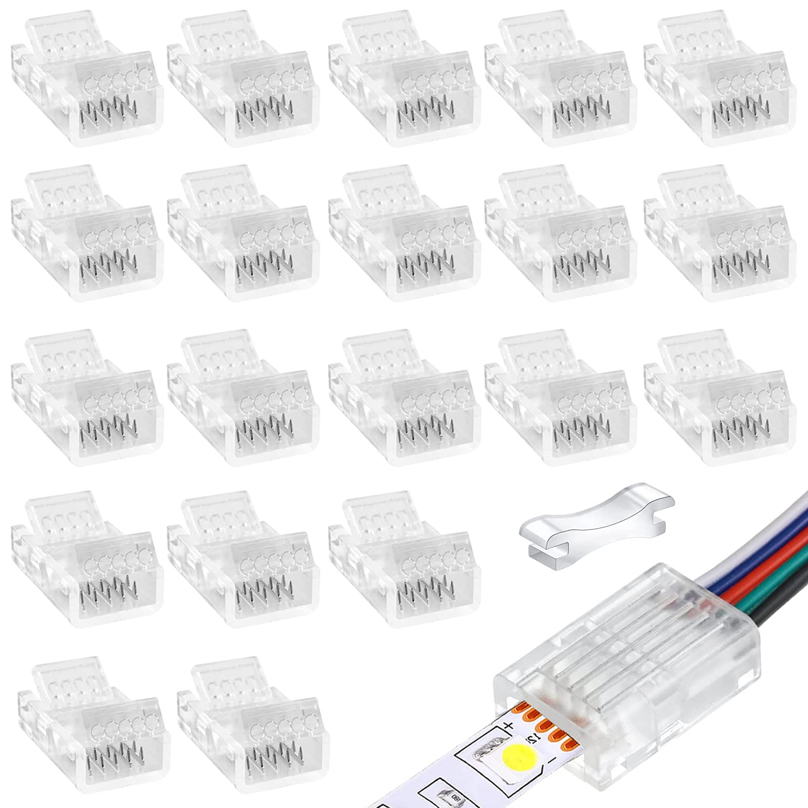 YAJIERUI RGB LED lamp with Connector 20 Waterproof LED Adapter Connector Transparent solderless LED lamp with Connector for Strip lamp 5V 12V 24V Wireless Seamless Track Lighting Connector (5PIN12MM)