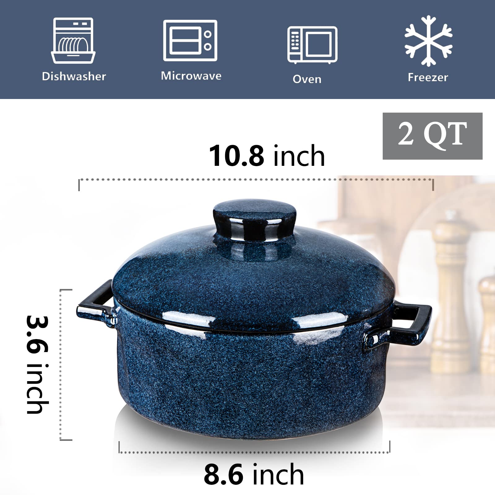 vicrays Casserole Dish with Lid - Ceramic Lasagna Pan Deep 2 Quart Round Baking Dishes Covered Bakeware for Oven Safe Serving Dish with Handles for Party Dinner Banquet Daily Use (Blue)