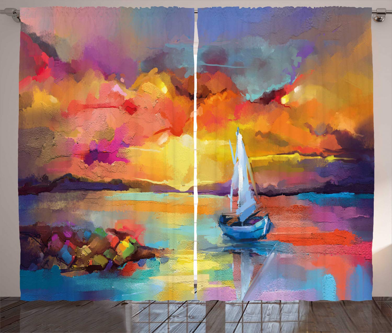 ABAKUHAUS Abstract Oil Painting Curtains, Impressionism Image of Seascape Paintings with Sun Rays Background, Living Room Bedroom Window Drapes 2 Panel Set, 280 x 175 cm, Blue Orange