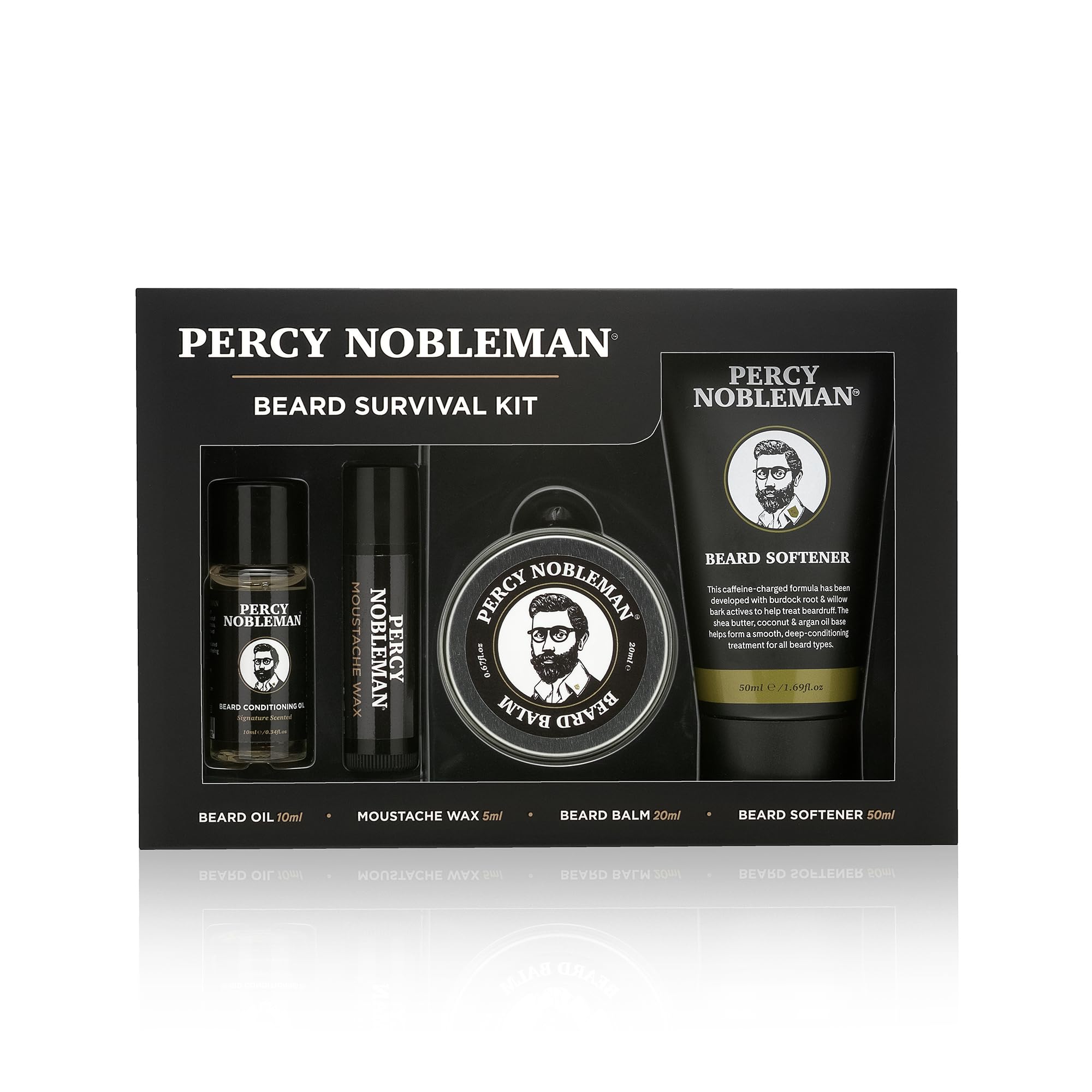 Percy Nobleman Beard Survival Kit – Beard Care & Grooming Set with Scented Beard Oil, Beard Balm, Moustache Wax & Beard Softener for Conditioning, Softening, Hydration, Styling & Beard Maintenance