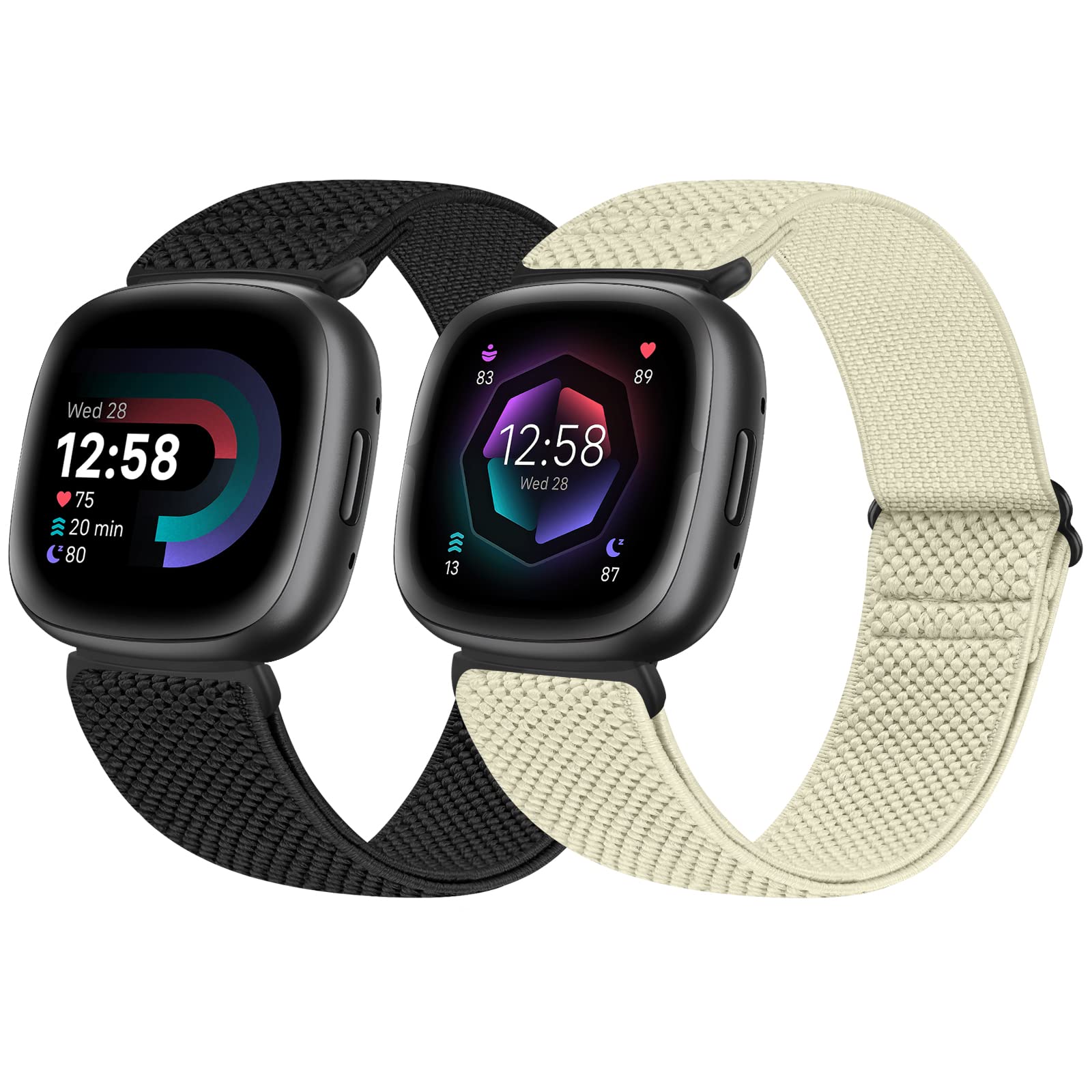 enkic 2 Pack Elastic Watch Strap Compatible with Fitbit Versa 4/3/Sense 2/3, Adjustable Nylon Loop Sport Stretchy Replacement Wristband for Men Women