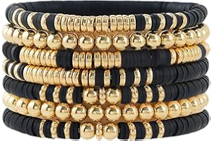 EMUFOOK Gold Beaded Bracelets for Women and Men Bohemian Friendship Bracelets Clay Bracelets Vinyl Disc Stretch Layering Stackable Bead Bracelets Summer Surfer Heishi Beach Jewelry Kit