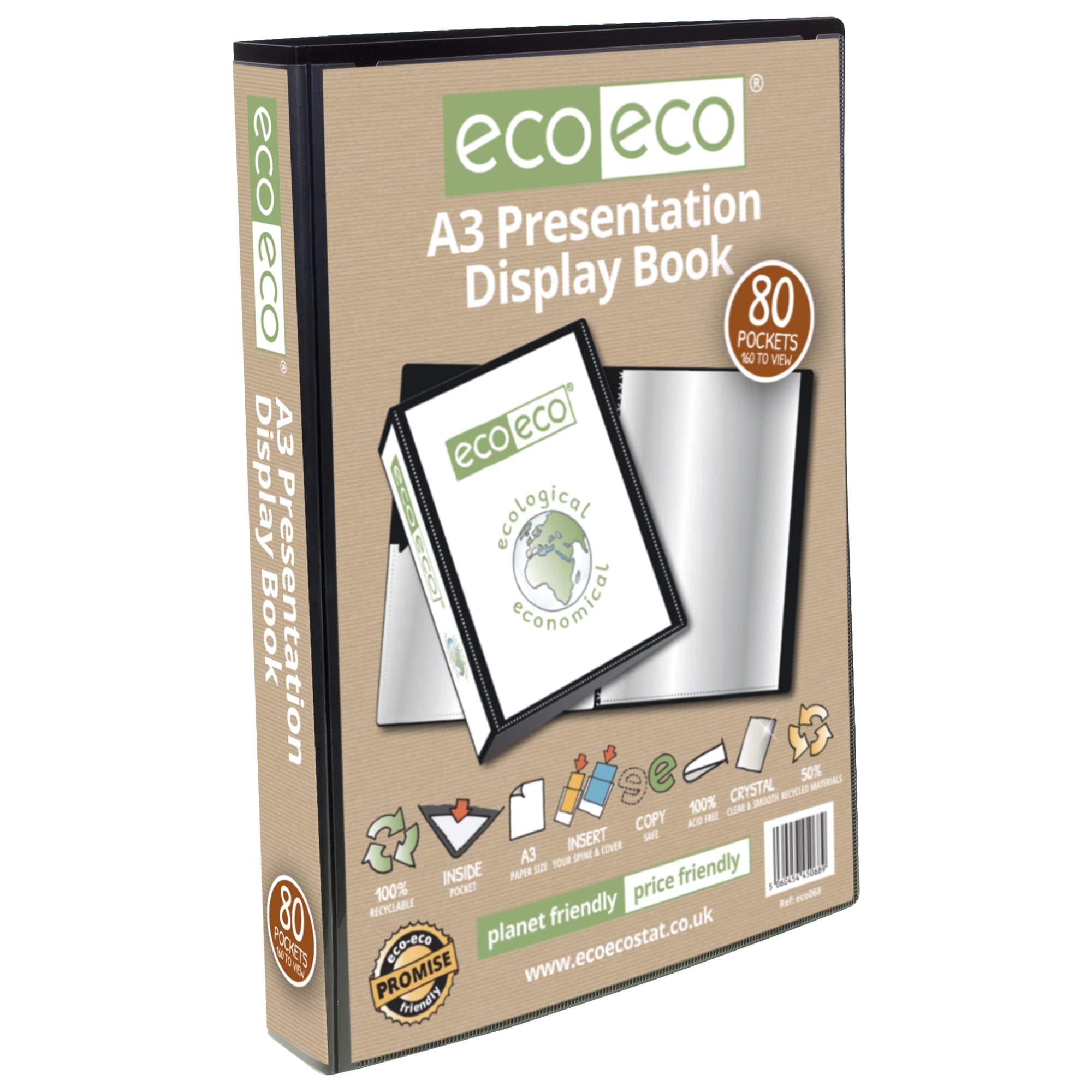 eco-eco A3 Size 50% Recycled 80 Pockets Black Presentation Display Book, Storage Case Portfolio Art Folder with Plastic Sleeves, eco068