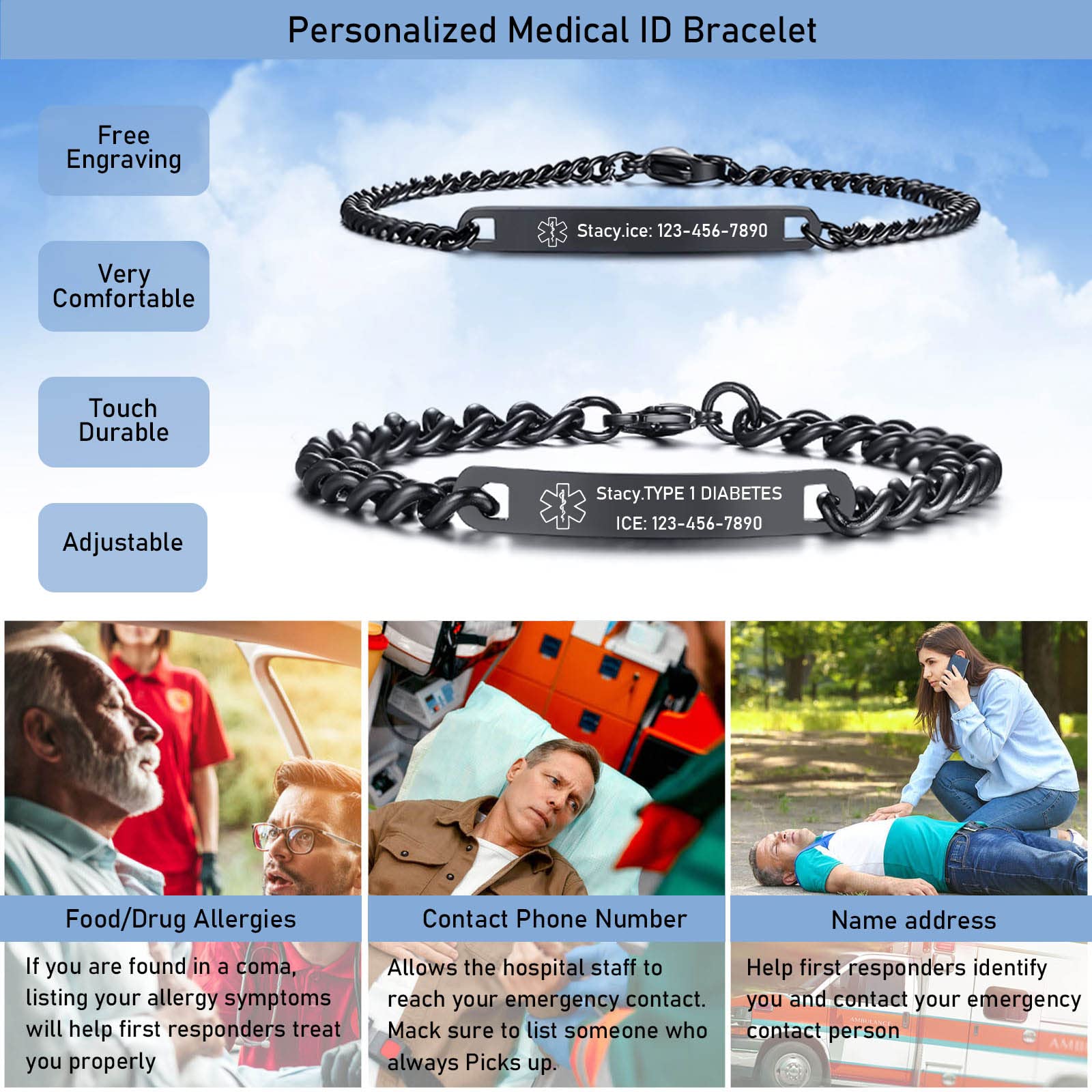 VNOX Medical Alert ID Bracelet - Mens Womens Stainless Steel ID Tag Medical Alert Emergency Bracelet,7.2/8/8.4 Inches