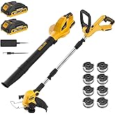 ZEGJAW Leaf Blower &amp; 12-Inch 20v Cordless String Trimmer Combo Kit for Lawn | 8 Pcs Replacement Spools, 2x2.0Ah Batteries, Dual speed, Adjustable tubes, Automatic line feed