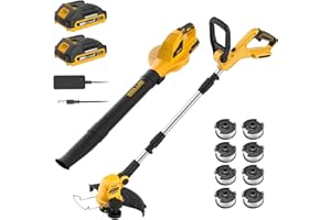 2-in-1 Leaf Blower + 12-Inch 20v Cordless String Trimmer Combo Kit, 8 Pcs Replacement Spools, 2x2.0Ah Batteries & Charger Inc