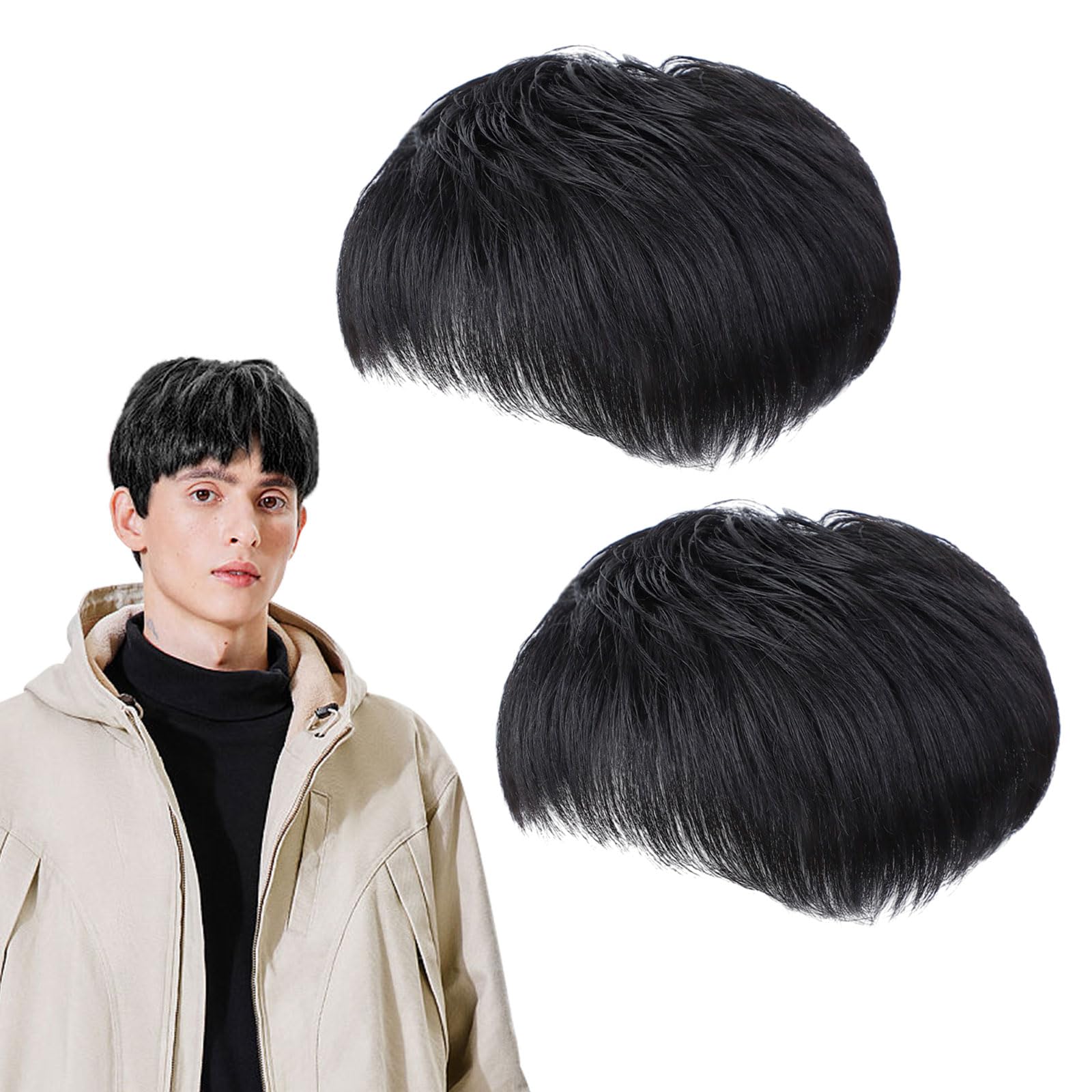 UILYNIU 2 Pieces Mens Hair Piece Black Wig Hair System Mens Hair Piece Wigs for Daily Use Costume Wigs Straight Wig Handsome Men's Daily Costume Fancy Dress Cosplay Halloween (Black)