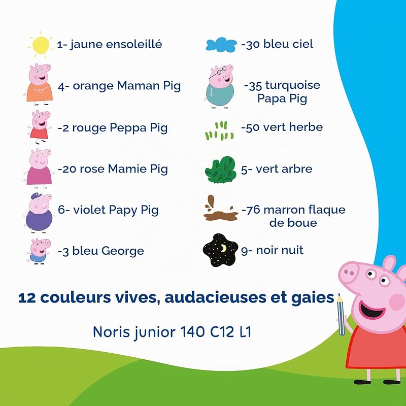 Noris junior crayons de couleur Peppa Pig lot de 12 – crayons 3-en-1 cire et aquarelle pour différentes surfaces – mines extra-tendres pour des couleurs intenses – crayons ergonomiques