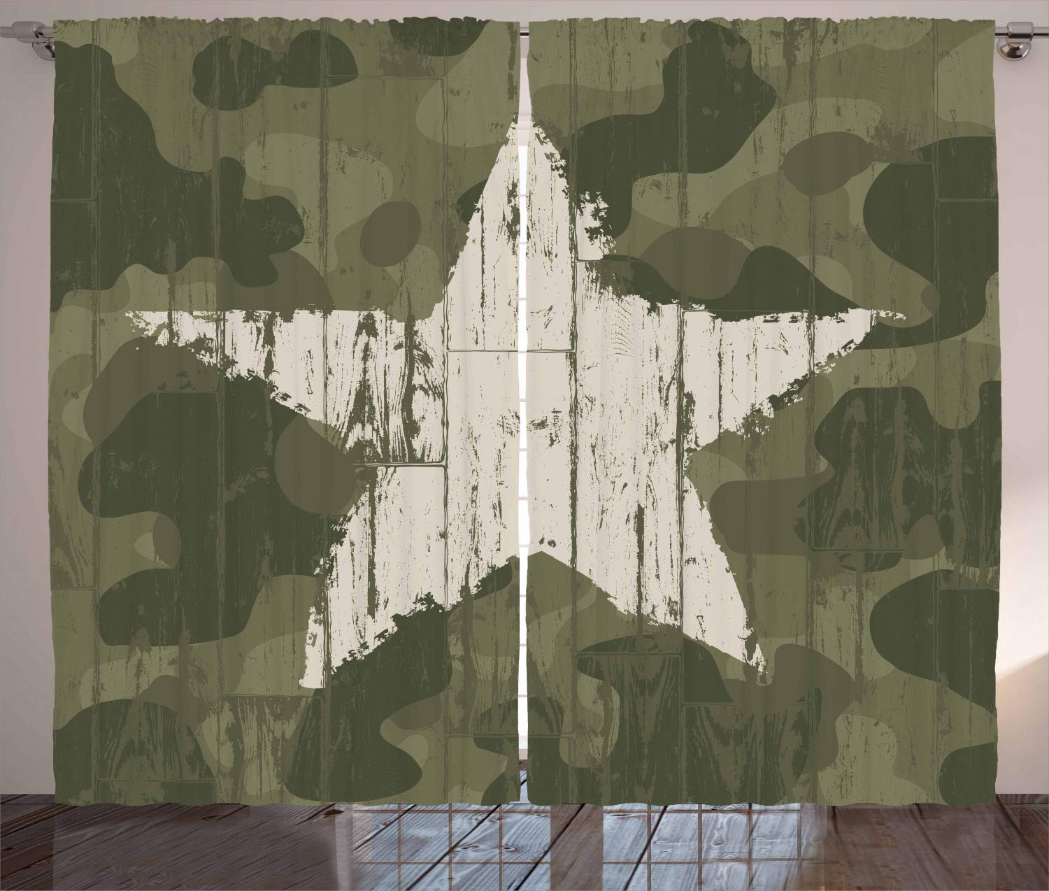 ABAKUHAUS Camouflage Curtains, Grungy Star on Camoflage Background Hiding Theme Abstract Design, Living Room Bedroom Window Drapes 2 Panel Set, 280 x 175 cm, Dark Green Sand — image 1