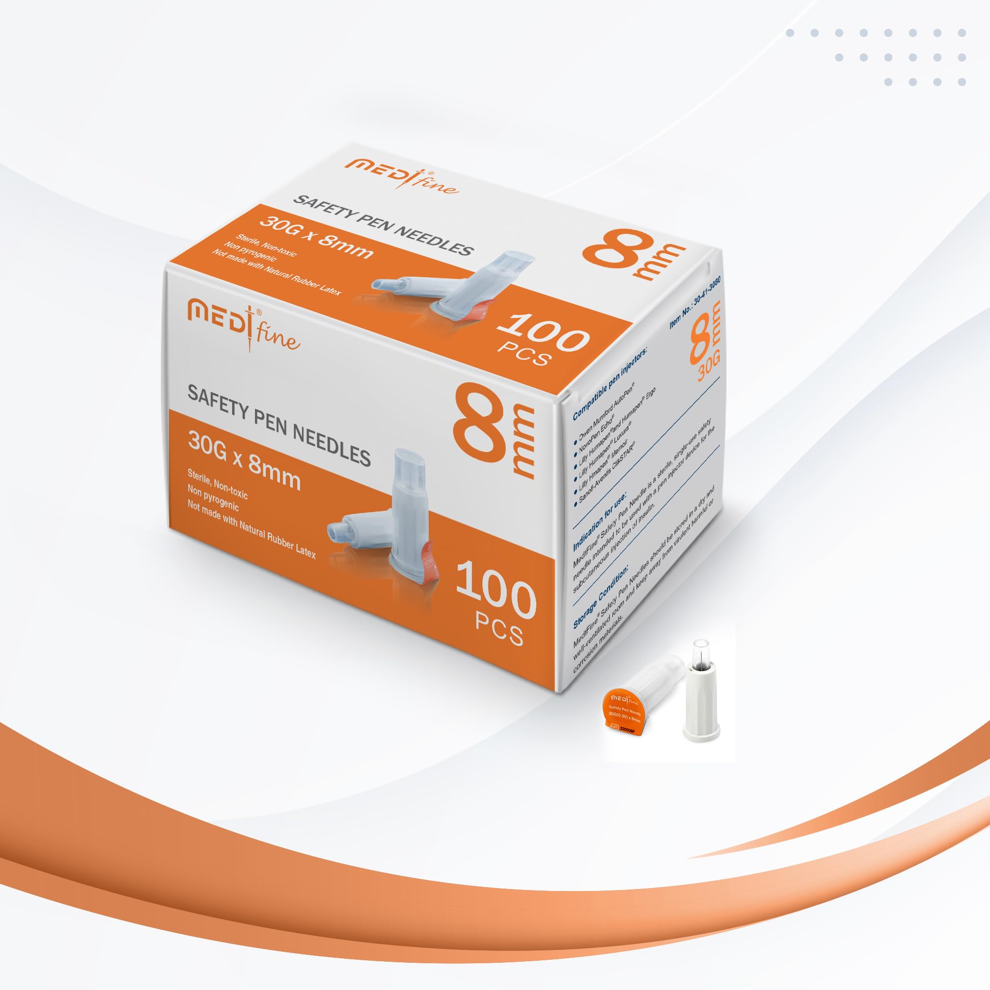 Fine Safety Pen Needles (30G 8mm) - Diabetic Needles for Insulin Injections, Ultra Fine Compatible with Most Diabetes Pens, Gamma Sterilized - 100 Ct, Pack of 1