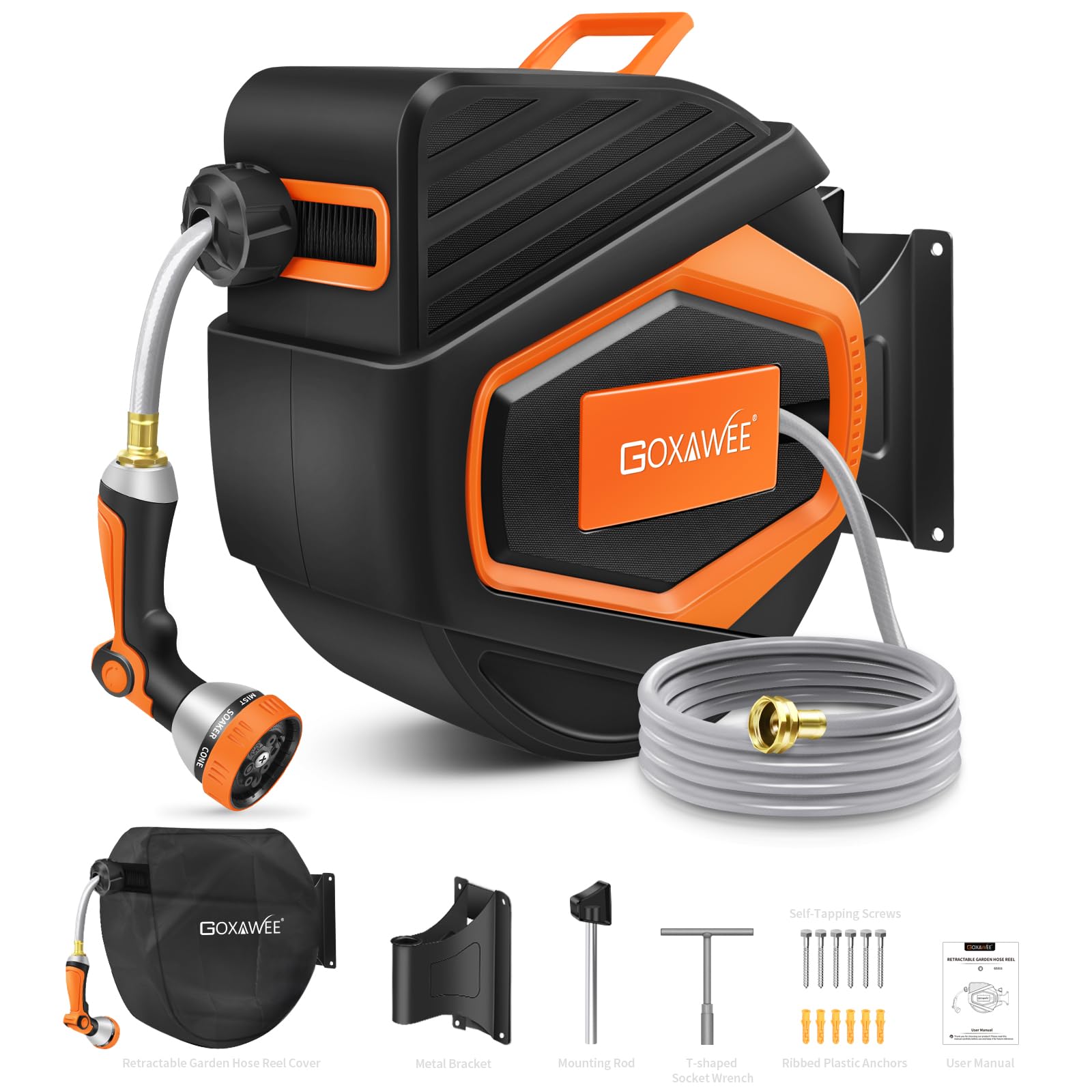Photo 1 of GOXAWEE Retractable Garden Hose Reel, 1/2" x 100 ft Upgraded UV Resistant Water Hose Reel Wall Mounted, Any Length Lock, Automatic Rewind, 180°Swivel Metal Bracket, Orange