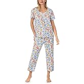 Carole Hochman Women's 2pc Cotton Short Sleeve & Capri Pajama Set – V-Neck, Lace Detail, Adjustable Drawstring, Side Pockets