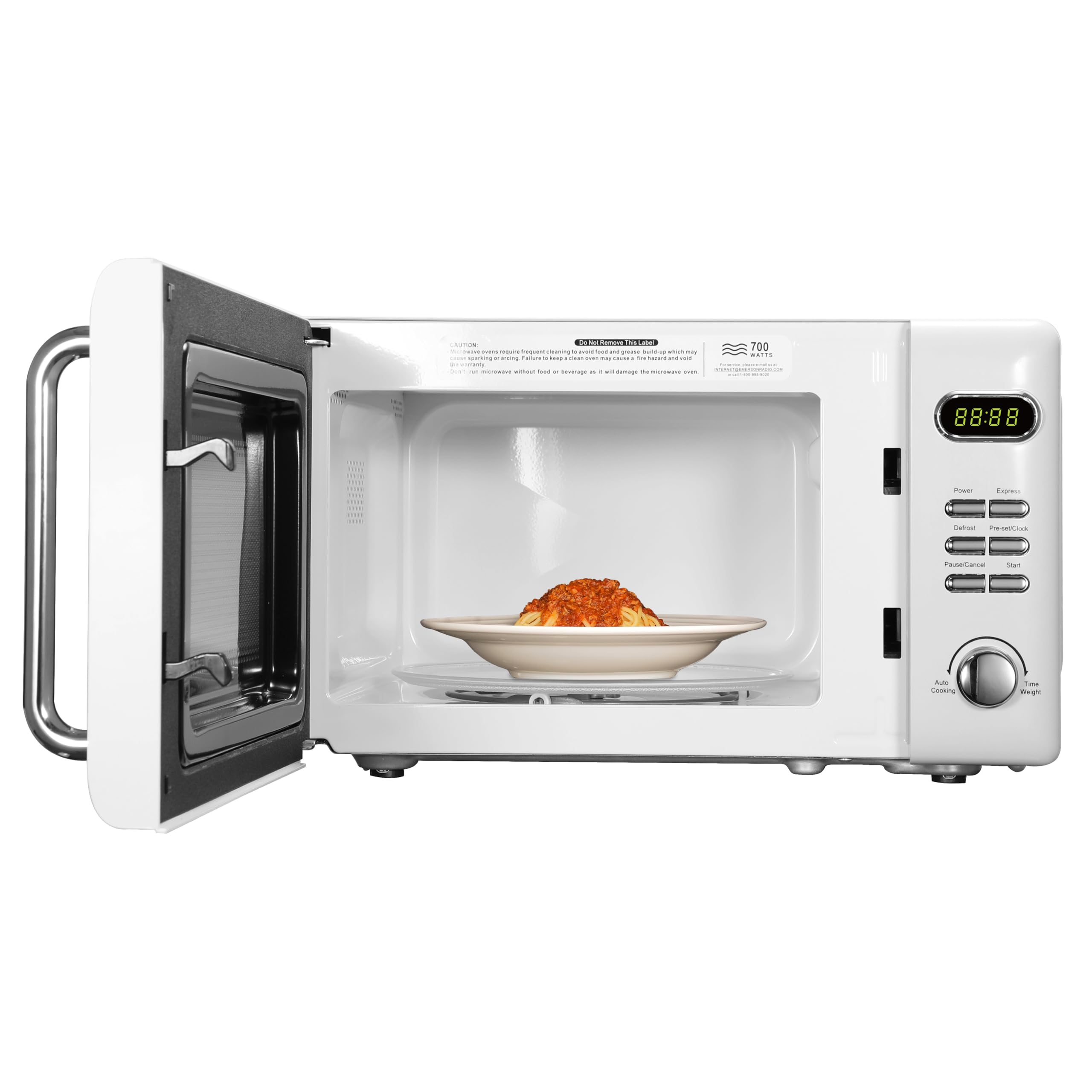 Emerson MWR7020W Compact Countertop Microwave Oven with Button Control, LED Display, 700W 5 Power Levels, 8 Auto Menus, Glass Turntable and Child Safe Lock, 0.7, Retro White