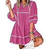 Cicy Bell Womens Babydoll Mini Dresses 3/4 Puff Sleeve V Neck Dress Casual Loose Fit Patchwork Pleated Swing Vacation Outfits