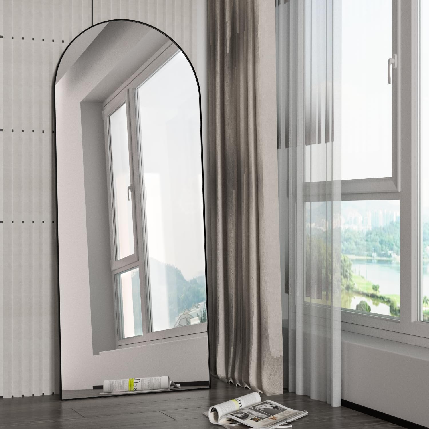 Miroir de Sol Arqué de 165 x 60 cm Miroir Pleine Longueur avec Support, Noir Grand Miroir Mural à Suspendre ou à Poser Contre Le Mur pour Chambre à Coucher, Entrée, Salon