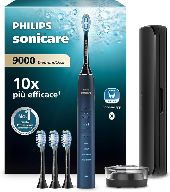 Sonicare Spazzolino elettrico DiamondClean serie 9000 edizione speciale: per pulizia dei denti e igiene orale, blu scuro, 4 testine Premium Plaque C3 (modello HX9911/89)