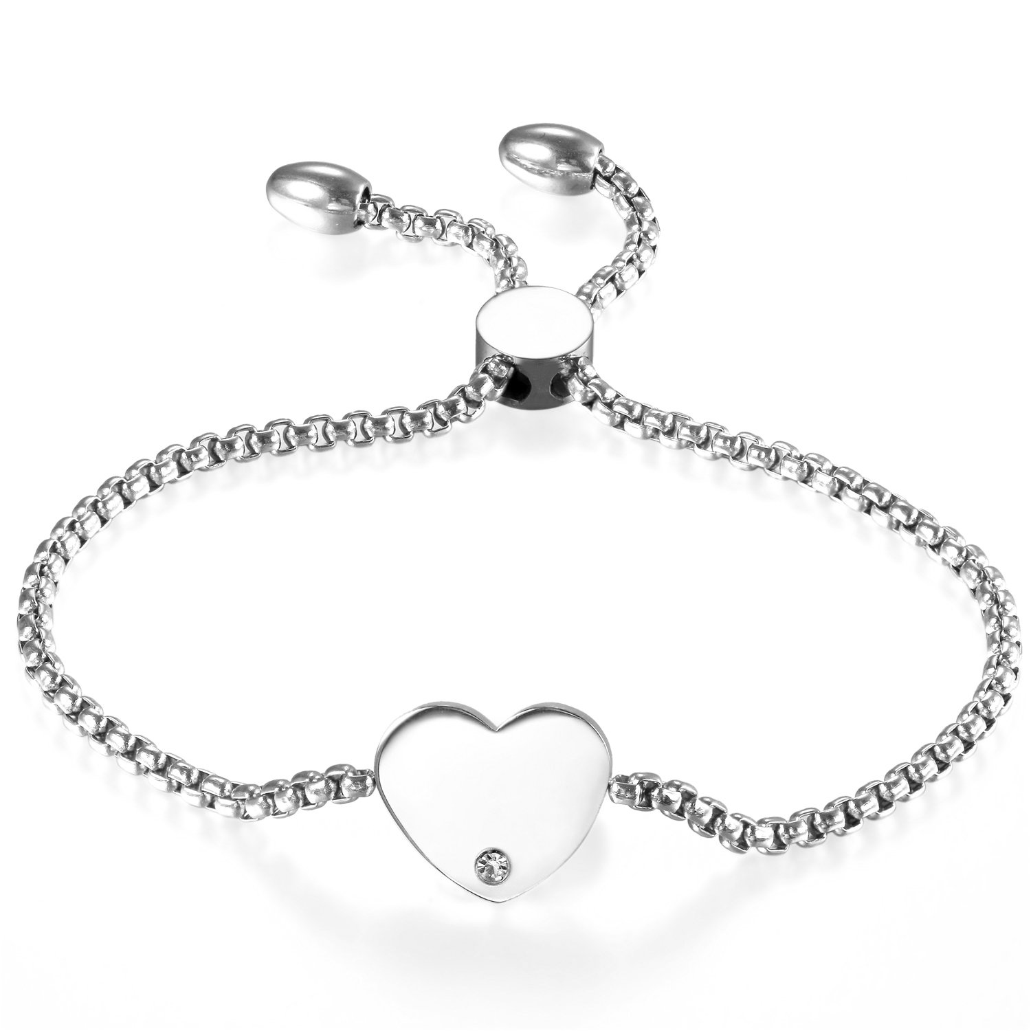 Cupimatch Women Adjustable Bracelet, Stainless Steel Charm Bracelet Link Chain 8.8" (silver, heart)
