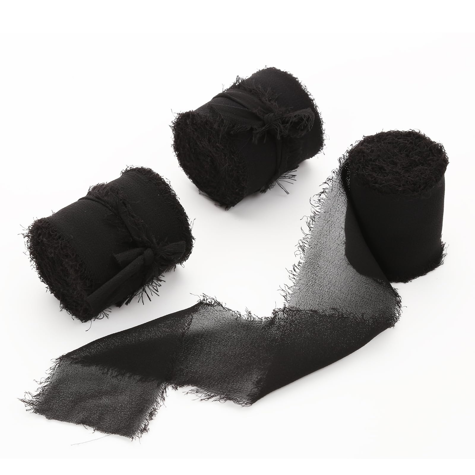 Black Chiffon Ribbon Set – 3 Rolls, 1.5" x 5 Yards Handmade Fringe Silk Ribbon for Gift Wrapping, Wedding Invitations, Bridal Bouquets, Holiday Decoration and DIY Crafts