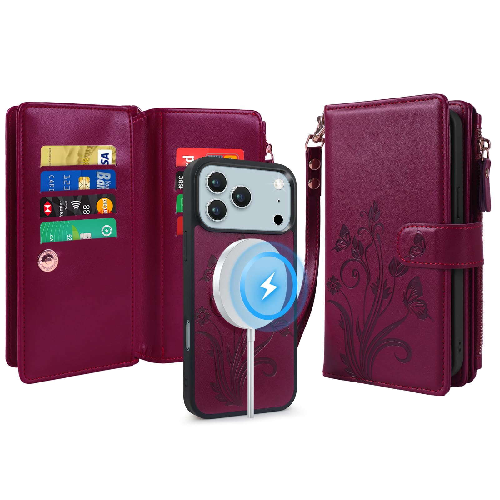 Lacass for iPhone 17 Pro Max Case Wallet,Compatible with MagSafe 2 in 1 Magnetic Detachable PU Leather RFID Blocking Wallet Cover Card Holder Zipper Wrist Strap Lanyard,Floral Wine Red