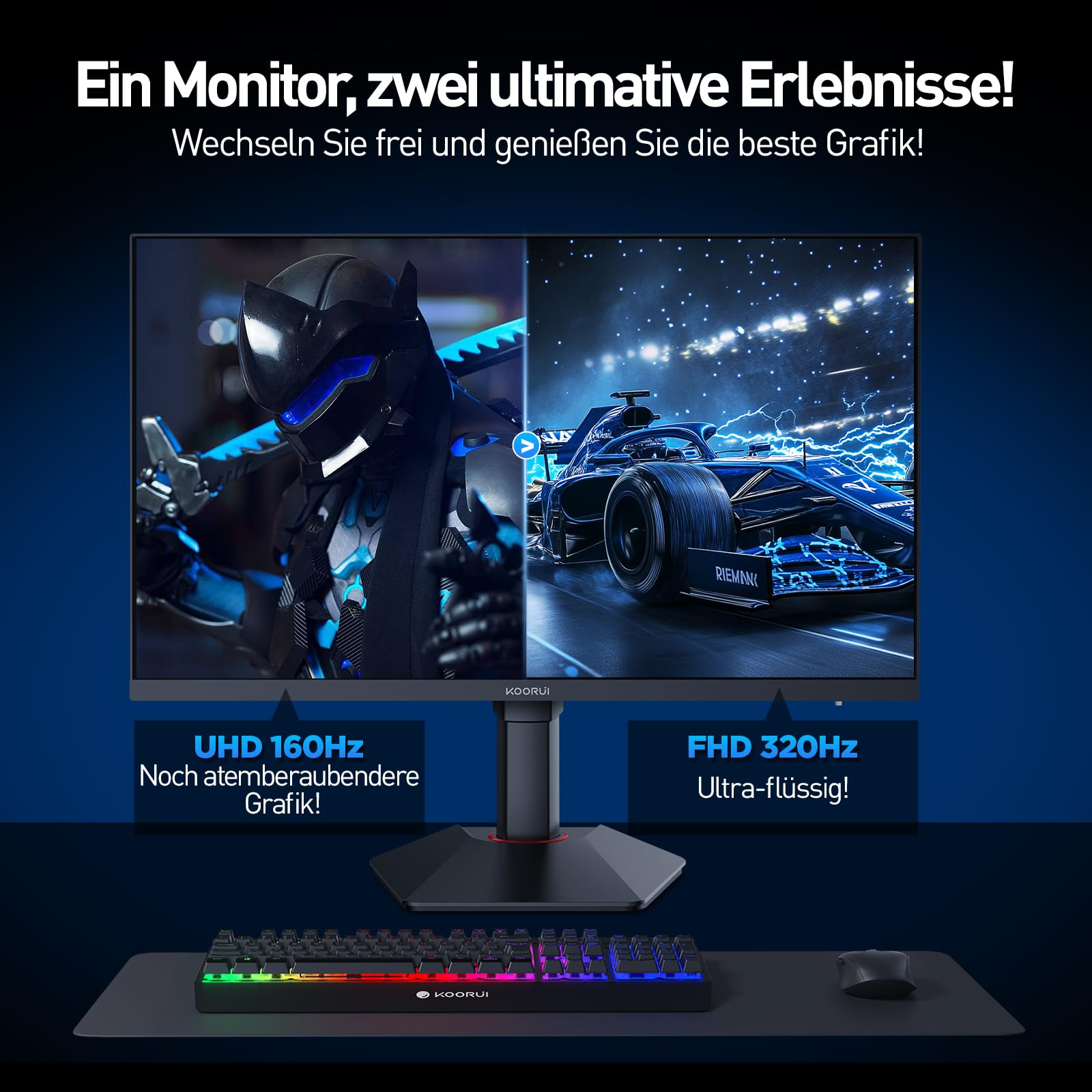 KOORUI G2741L Gaming Monitor 27 Zoll, Dual-Modus 4K UHD 3840x2160 at 160Hz und FHD at 320Hz PC Bildschirm, Fast IPS 1ms HDR 400, 2xHDMI 2.1&DP1.4 2