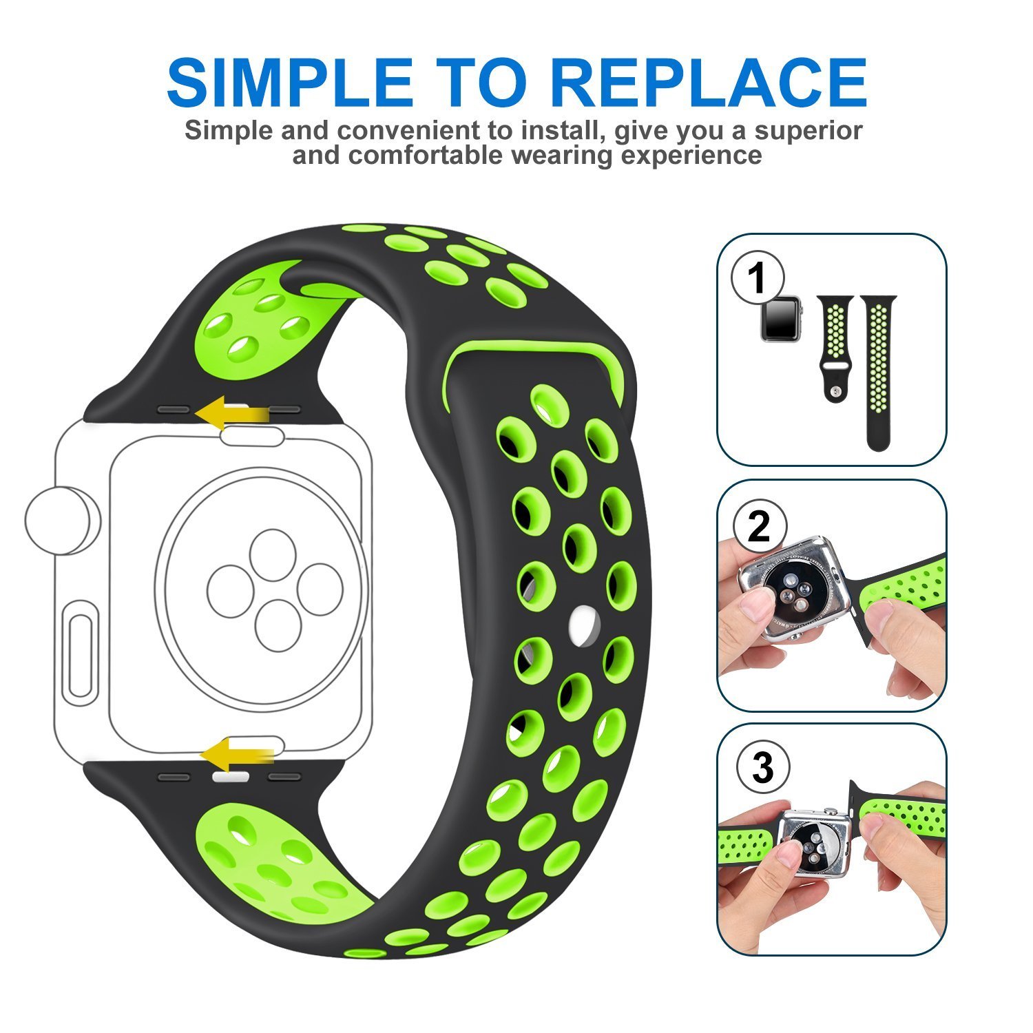 Casual Accessories Apple Watch Band 42 mm Black Green - Sports Soft Silicone Replacement Band For iWatch Series 3 2 1, Nike + Sport Edition Strap M/L Size Black Green