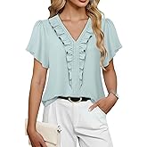Lotusmile Womens Dressy Ruffle Tops Summer Chiffon V Neck Work Blouse Casual Flutter Short Sleeve Shirts