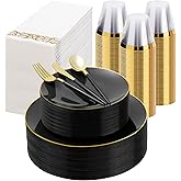 350 Pieces Black Gold Plastic Dinnerware Set, Gold Disposable Plates for Party, Include 100 Black Plates with 150 Plastic Cutlery, 50 Napkins and 50 Cups