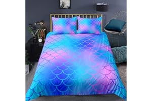 Feelyou Mermaid Fish Scales Duvet Cover Set Full for Girls Fish Scales Bedding Set Blue Purple Soft Lightweight Microfiber Po