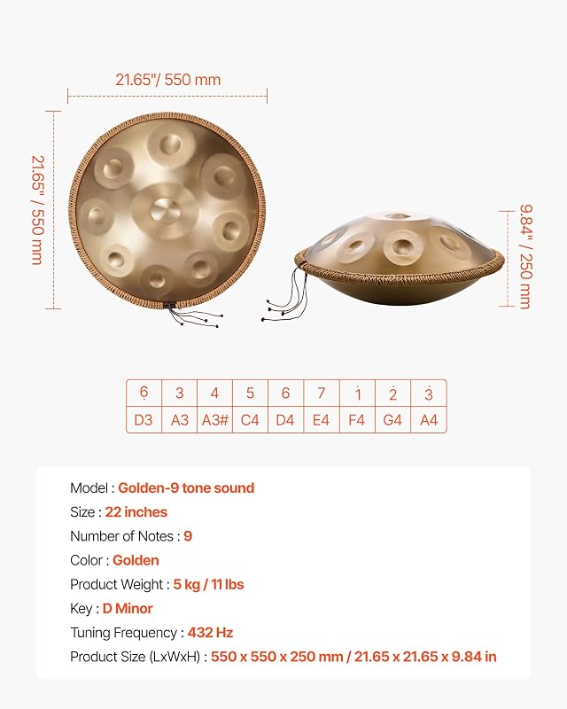 Tambor de Mano 55 cm 9 Notas 432 Hz, Tambor Handpan en D Menor con Mazos, Instrumento de Percusión con Bolsa de Transporte para Yoga, Meditación, Educación Musical de Principiantes, Dorado