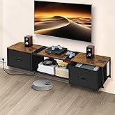 Floating TV Stand with Power Outlet Modern Wall Mounted TV Console Shelf Cabinet with Drawers for Under TV Storage, Entertainment Center, Living Room, Bedroom, Guest Room, Rustic Brown and Black